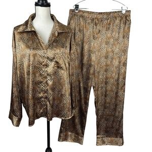 Ambrielle Women's Pajama Set XL Brown Animal Print Satin Long Sleeve Sleepwear